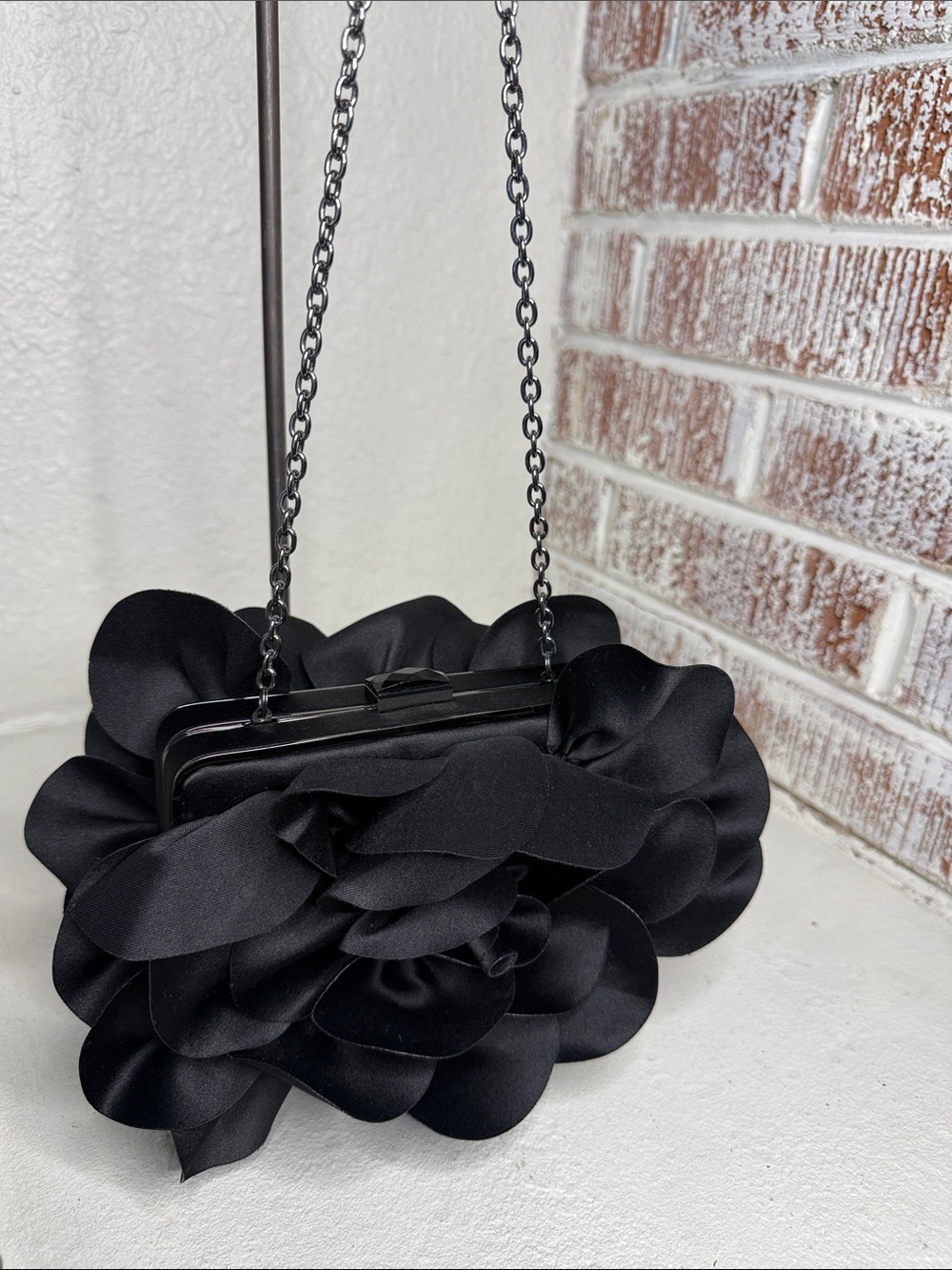 Sondra Roberts Black Satin Floral Petal Clutch with Chain